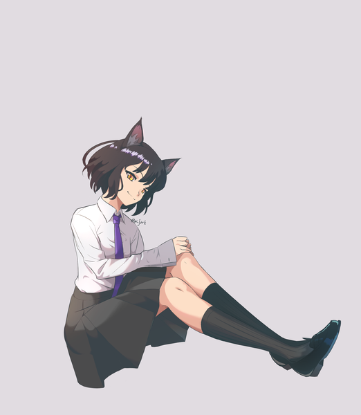 Anime picture 2000x2300 with rwby rooster teeth blake belladonna ar jart single tall image looking at viewer highres short hair black hair smile sitting signed animal ears yellow eyes full body long sleeves head tilt pleated skirt cat ears