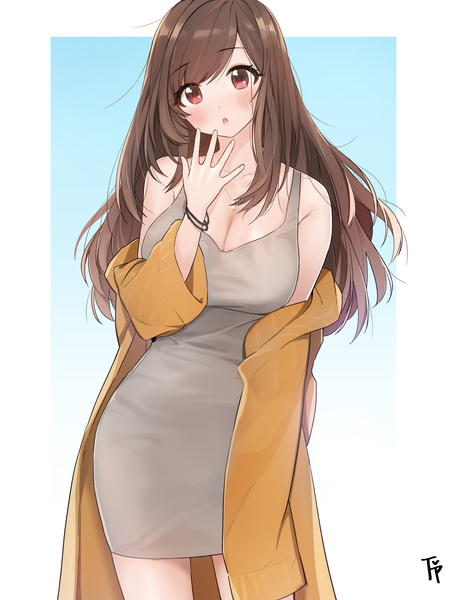 Anime picture 1500x1976 with idolmaster idolmaster shiny colors tsukioka kogane fpanda single long hair tall image looking at viewer blush fringe breasts open mouth light erotic simple background red eyes brown hair large breasts standing bare shoulders signed