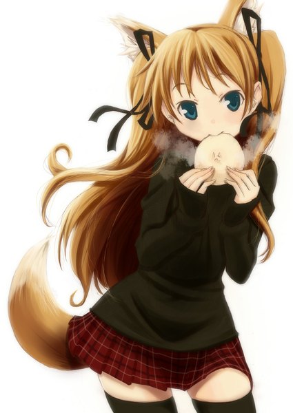 Anime picture 717x1012 with kanon key (studio) sawatari makoto wadapen long hair tall image blue eyes blonde hair simple background white background animal ears tail animal tail fox ears fox tail fox girl eating girl thighhighs skirt