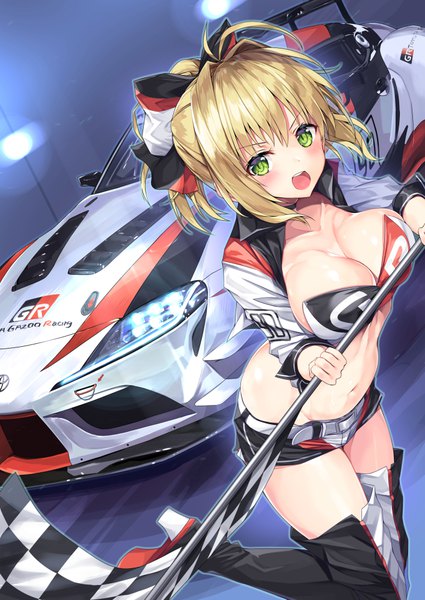 Anime picture 709x1000 with fate (series) fate/extra toyota nero claudius (fate) (all) nero claudius (fate) gedou (shigure seishin) single tall image looking at viewer blush fringe short hair breasts open mouth light erotic blonde hair hair between eyes large breasts standing holding