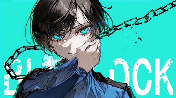 Anime picture 6336x3541 with blue lock itoshi rin mura karuki single looking at viewer highres short hair black hair simple background wide image absurdres upper body aqua eyes copyright name aqua background boy chain