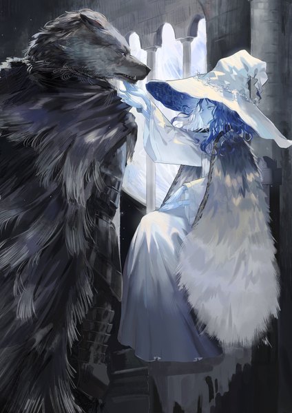 Anime picture 2429x3435 with elden ring ranni the witch blaidd the half-wolf shrimp cc tall image highres short hair blue eyes standing sitting blue hair looking away one eye closed wide sleeves arms up eye contact clothes on shoulders blue skin extra arms wolf boy
