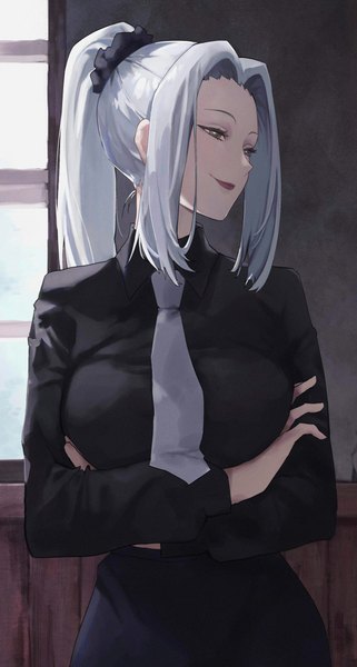 Anime picture 1926x3604 with jujutsu kaisen mappa mei mei (jujutsu kaisen) nanami (u nanamiii) single long hair tall image fringe highres breasts smile standing payot looking away silver hair upper body ponytail indoors long sleeves grey eyes