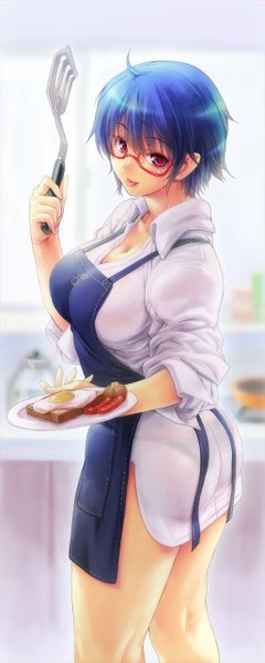 Anime picture 514x1285 with original kiyama satoshi single tall image looking at viewer blush short hair light erotic red eyes blue hair cooking girl shirt glasses food apron