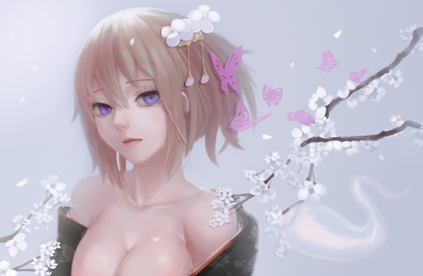 Anime picture 2550x1666 with touhou saigyouji yuyuko magician (china) single looking at viewer highres short hair breasts blue eyes light erotic blonde hair cleavage traditional clothes japanese clothes ghost girl hair ornament flower (flowers) kimono branch