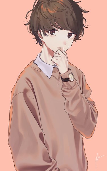 Anime picture 1100x1750 with original aiko (aiko 54) single tall image looking at viewer fringe short hair simple background brown hair brown eyes signed upper body parted lips pink background thinking boy clock wristwatch