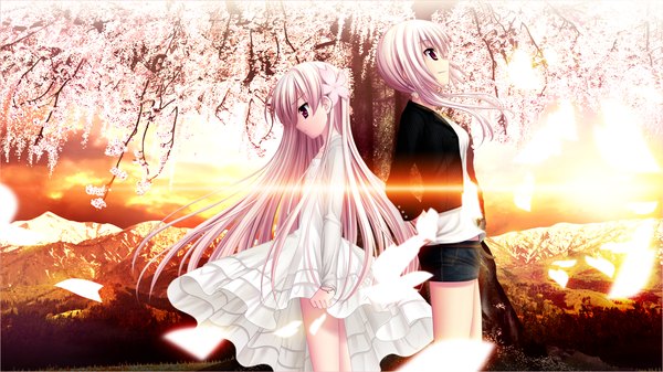 Anime picture 1280x720 with sakura sakimashita akizuki tsukasa long hair red eyes wide image multiple girls game cg white hair cherry blossoms evening sunset girl dress 2 girls plant (plants) petals tree (trees)