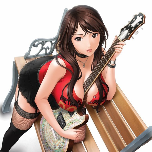 Anime picture 1000x1000 with original sano toshihide single long hair breasts light erotic black hair simple background large breasts white background black eyes girl thighhighs black thighhighs miniskirt bracelet pendant collar guitar bench