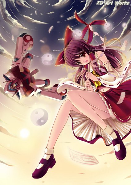 Anime picture 1024x1447 with touhou hakurei reimu caidychen long hair tall image looking at viewer blush open mouth smile red eyes brown hair sky cloud (clouds) from below girl dress skirt ribbon (ribbons) detached sleeves skirt set