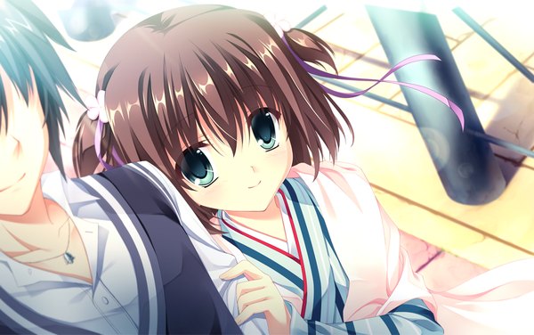 Anime picture 1024x642 with da capo iii katsuragi himeno takano yuki (allegro mistic) short hair blue eyes black hair brown hair wide image game cg couple girl boy ribbon (ribbons) hair ribbon