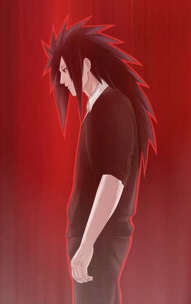 Anime picture 793x1257 with naruto studio pierrot naruto (series) uchiha madara tagme (artist) single long hair tall image black hair simple background red eyes standing profile looking down red background twisty sleeves boy