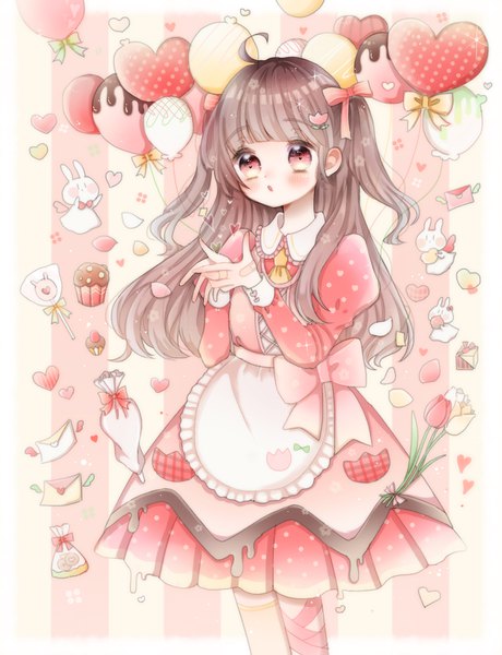 Anime picture 1770x2305 with original dosukoi (10780499) single long hair tall image fringe highres red eyes brown hair ahoge blunt bangs long sleeves :o two side up valentine striped background girl dress flower (flowers) heart