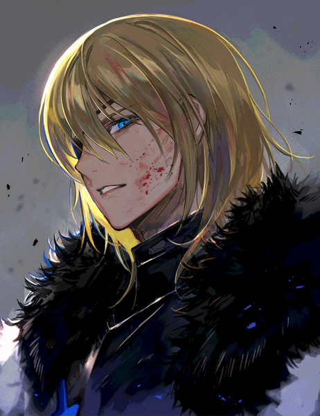 Anime picture 1000x1300 with fire emblem fire emblem: three houses nintendo dimitri alexandre blaiddyd kyufe single tall image looking at viewer fringe short hair blue eyes blonde hair hair between eyes upper body parted lips fur trim blood on face boy fur blood