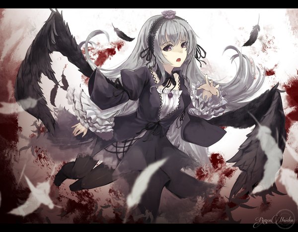 Anime picture 1538x1200 with rozen maiden suigintou yudough single long hair looking at viewer blush fringe silver hair black eyes blurry depth of field letterboxed black wings girl dress wings headdress black dress blood