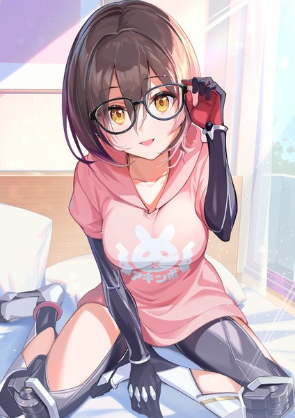 Anime picture 1000x1414 with virtual youtuber hololive roboco-san kainown single tall image looking at viewer fringe short hair open mouth hair between eyes brown hair sitting yellow eyes indoors :d yokozuwari adjusting glasses girl glasses