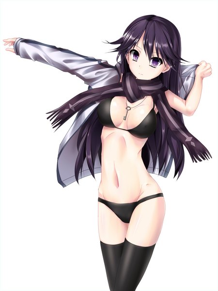 Anime picture 750x1000 with vividred operation kuroki rei unycone single long hair tall image light erotic simple background white background purple eyes purple hair open clothes open jacket midriff girl thighhighs navel black thighhighs swimsuit bikini