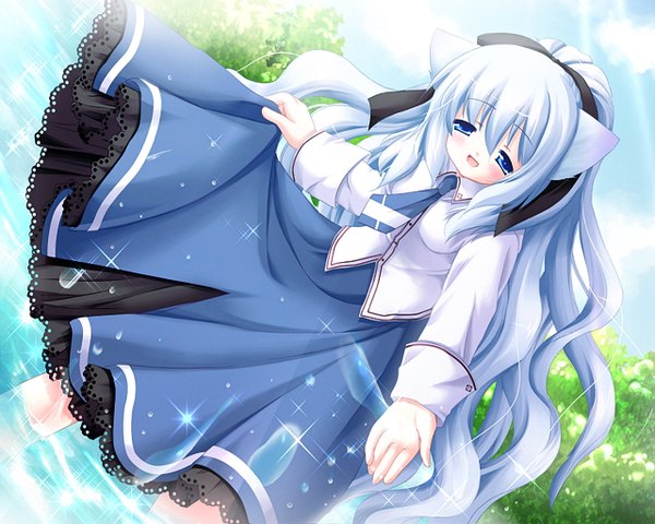 Anime picture 1280x1024 with long hair blue eyes animal ears blue hair cat girl girl dress