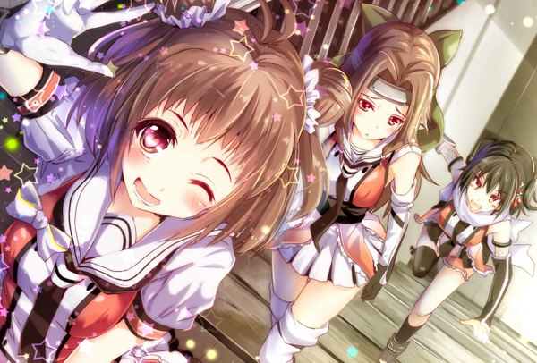 Anime picture 1400x948 with kantai collection sendai light cruiser naka light cruiser jintsuu light cruiser natsu (anta tte hitoha) long hair looking at viewer blush fringe short hair open mouth red eyes brown hair standing twintails multiple girls looking away ponytail traditional clothes japanese clothes