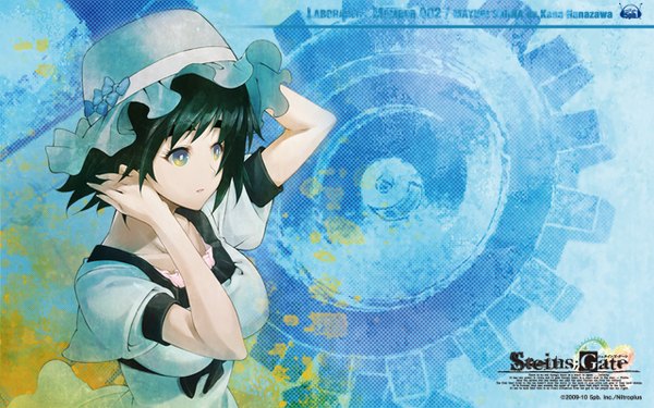 Anime picture 1280x800 with steins;gate white fox short hair black hair wide image multicolored eyes girl dress hat gears