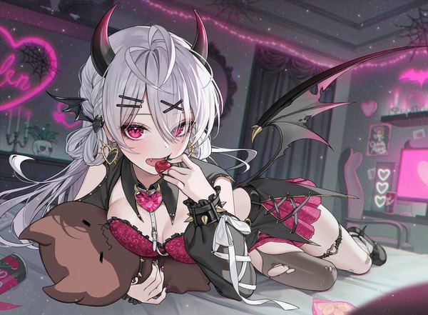 Anime picture 1815x1333 with original heartki single long hair looking at viewer blush fringe highres breasts open mouth light erotic holding silver hair ahoge indoors lying nail polish pink eyes horn (horns) hair over one eye