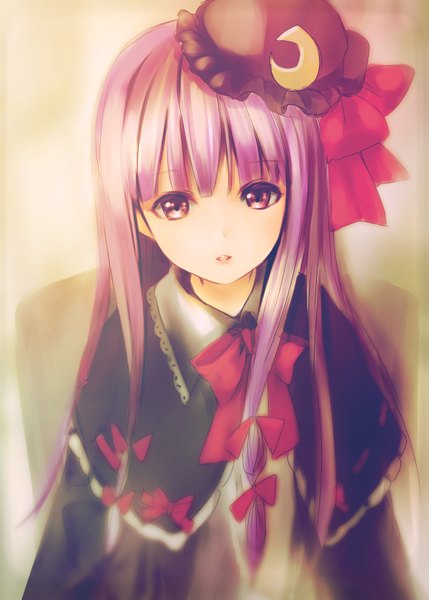 Anime-Bild 1200x1678 mit touhou patchouli knowledge catbell single long hair tall image looking at viewer fringe purple eyes purple hair blunt bangs parted lips crescent girl bow headdress moon cape moon (symbol)