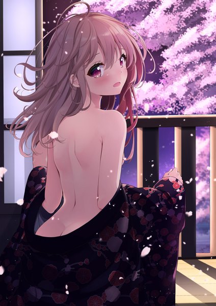 Anime picture 707x1000 with original sasahara wakaba single long hair tall image looking at viewer blush fringe open mouth light erotic smile hair between eyes brown hair standing bare shoulders payot ahoge ass traditional clothes japanese clothes