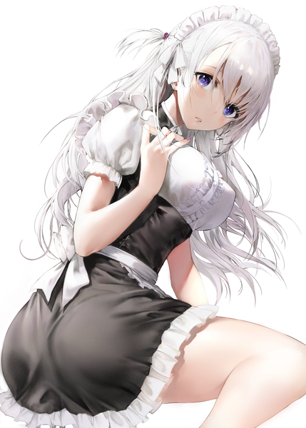 Anime picture 2145x3000 with original iori (cpeilad) single long hair tall image looking at viewer blush fringe highres breasts simple background hair between eyes white background sitting purple eyes ass white hair nail polish short sleeves maid