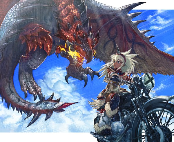 Anime picture 1000x817 with monster hunter kirin (armor) rathalos boyaking(sbf) long hair blue eyes sitting sky cloud (clouds) white hair looking back horn (horns) :o dragon wings girl gloves dragon flame motorcycle