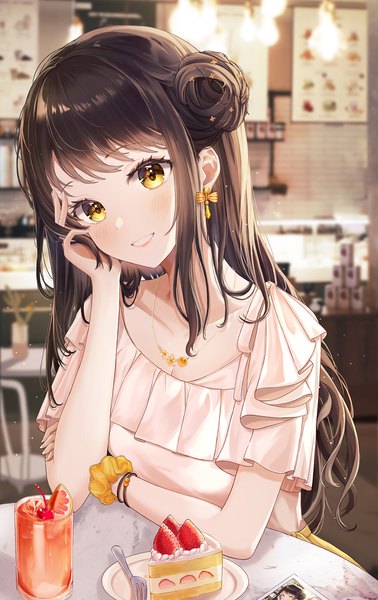 Anime picture 1200x1900 with original kottungyang single long hair tall image looking at viewer blush fringe breasts smile brown hair sitting yellow eyes cleavage upper body indoors blunt bangs head tilt blurry short sleeves