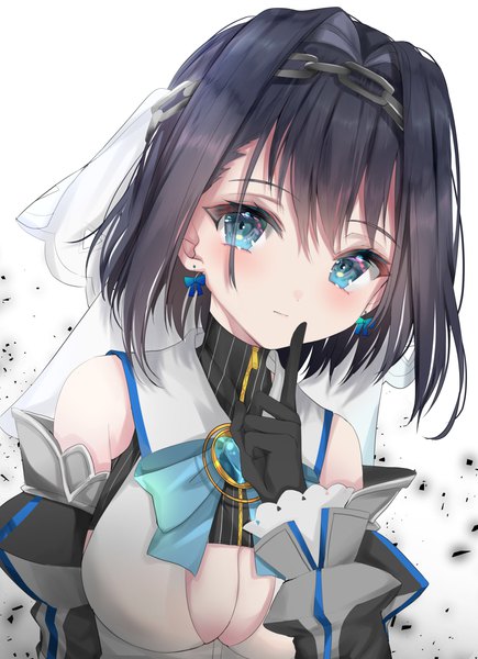 Anime picture 2132x2943 with virtual youtuber hololive hololive english ouro kronii ouro kronii (1st costume) moemoepiano single tall image looking at viewer blush fringe highres short hair breasts blue eyes light erotic black hair hair between eyes large breasts upper body