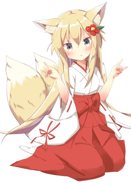 Anime picture 1448x2048 with original tsubaki (tatajd) single long hair tall image looking at viewer blush fringe simple background hair between eyes white background sitting animal ears yellow eyes payot bent knee (knees) tail traditional clothes head tilt japanese clothes