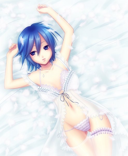 Anime picture 1024x1245 with kingdom hearts square enix aqua (kingdom hearts) kyrie (artist) single tall image short hair blue eyes light erotic blue hair cleavage underwear only ass visible through thighs girl thighhighs navel underwear panties white thighhighs cross