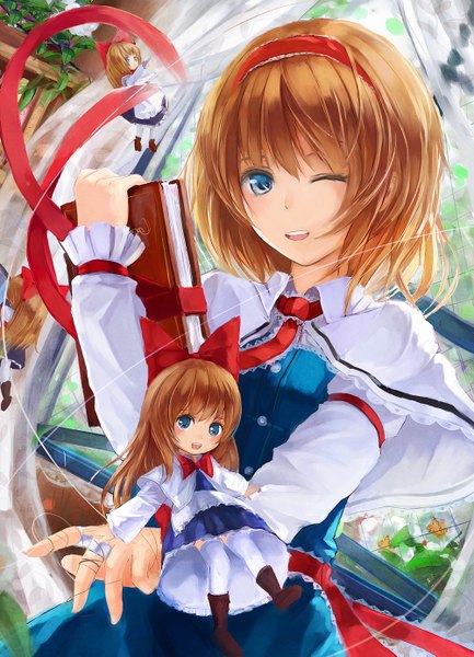 Anime picture 1000x1385 with touhou alice margatroid shanghai muireko long hair tall image looking at viewer blush short hair open mouth blue eyes smile brown hair one eye closed wink teeth zettai ryouiki upskirt carrying girl