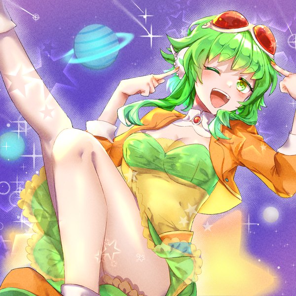 Anime picture 1600x1600 with vocaloid gumi yyxw5385 single looking at viewer short hair breasts open mouth light erotic green eyes cleavage nail polish one eye closed green hair bare legs sparkle ;d goggles on head orange nail polish girl