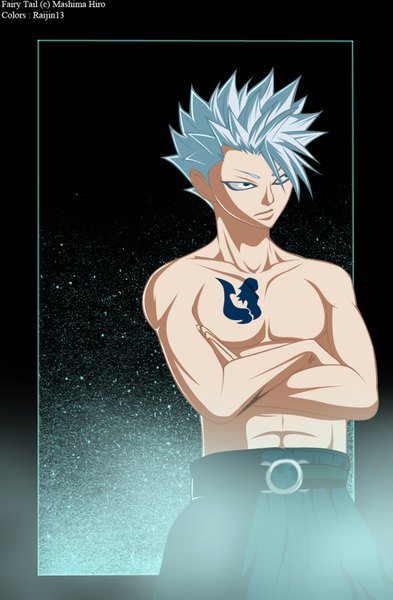 Anime picture 1024x1564 with fairy tail lyon bastia raijin13 single tall image short hair simple background green eyes white hair tattoo coloring crossed arms muscle framed boy