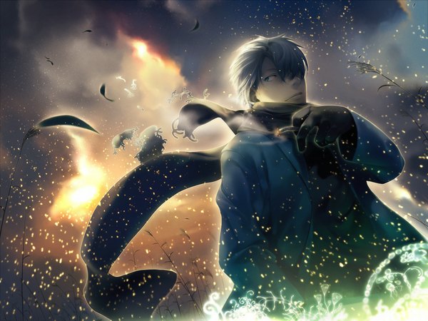 Anime picture 1024x768 with mushishi ginko simosi single fringe green eyes sky silver hair cloud (clouds) white hair hair over one eye wallpaper smoking boy gloves scarf cigarette