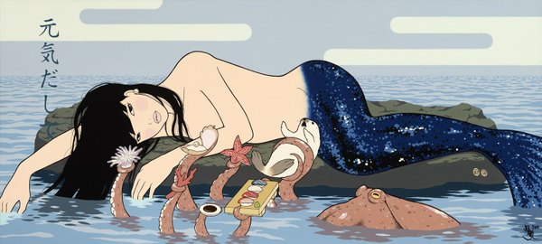 Anime picture 1600x722 with original yumiko kayukawa long hair black hair wide image holding lying girl earrings animal water sea stone (stones) mermaid starfish coral octopus pearls seal
