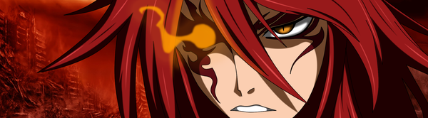 Anime picture 2000x554 with blood soul red (blood soul) flowerinhell single long hair wide image red hair orange eyes tattoo grin facial mark glowing glowing eye (eyes) red background boy