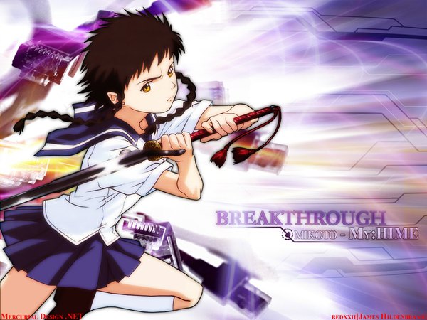 Anime picture 1024x768 with mai hime sunrise (studio) minagi mikoto james hildenbrand (redxxii) sakamoto shuuji single long hair looking at viewer signed yellow eyes braid (braids) pointy ears copyright name character names twin braids third-party edit girl skirt miniskirt sword