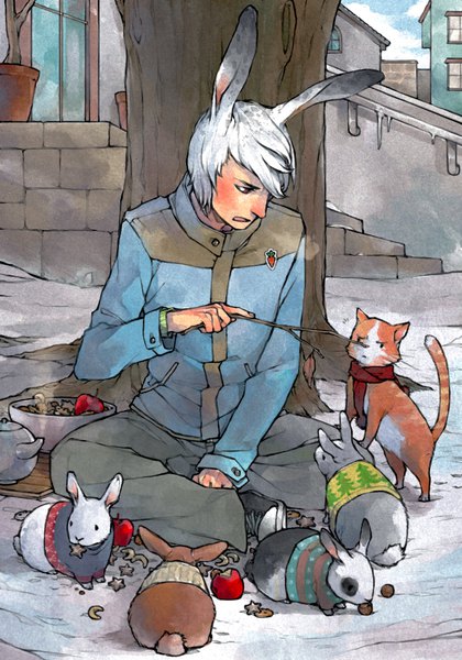Anime picture 700x1000 with original lanimalu (artist) tall image short hair red eyes sitting animal ears outdoors white hair bunny ears crossed legs city winter snow eating exhalation boy plant (plants) animal tree (trees)
