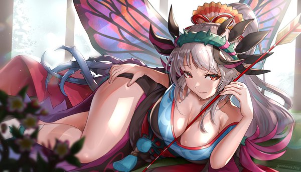 Anime picture 2100x1199 with fire emblem fire emblem heroes nintendo plumeria (fire emblem) gonzarez single long hair looking at viewer fringe highres breasts light erotic red eyes wide image large breasts holding signed silver hair ponytail traditional clothes
