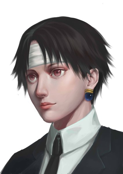 Anime picture 1240x1748 with hunter x hunter chrollo lucilfer hejia abby single tall image short hair black hair simple background white background brown eyes looking away realistic portrait boy earrings hairband suit