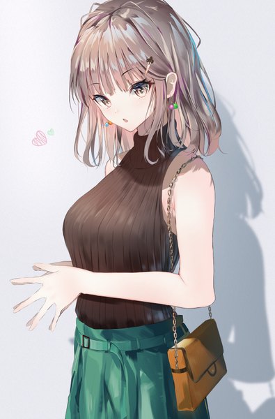 Anime picture 1152x1750 with original kinoruru toiro single tall image looking at viewer blush fringe short hair breasts open mouth simple background brown hair standing bare shoulders brown eyes blunt bangs :o shadow fingers together girl