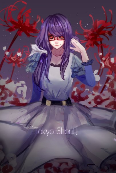 Anime picture 1181x1748 with tokyo ghoul studio pierrot kamishiro rize renshen single long hair tall image looking at viewer fringe smile red eyes purple hair lips coloring black sclera girl dress flower (flowers) glasses higanbana
