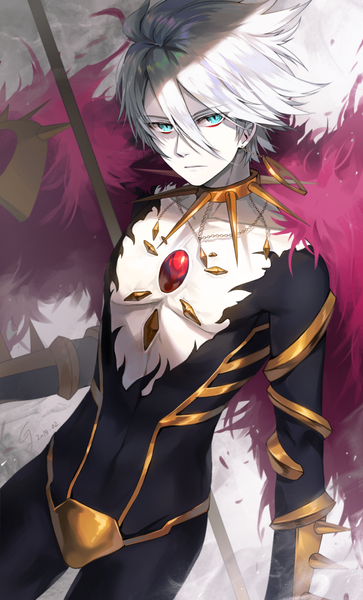 Anime picture 606x1000 with fate (series) fate/apocrypha karna (fate) gijang single tall image looking at viewer fringe short hair hair between eyes silver hair aqua eyes wind boy fur single earring spikes