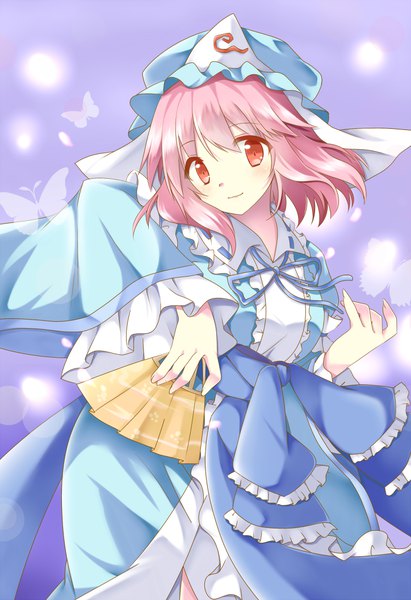 Anime picture 724x1057 with touhou saigyouji yuyuko hiyokodou single tall image looking at viewer blush short hair red eyes pink hair light smile purple background girl hat insect butterfly bonnet fan
