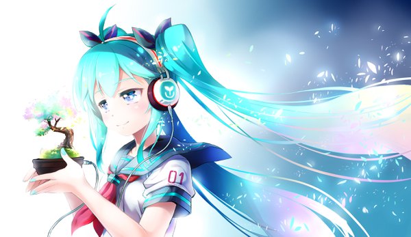 Anime picture 2499x1446 with vocaloid hatsune miku mochizuki saku single long hair blush fringe highres simple background smile hair between eyes wide image twintails holding payot looking away upper body ahoge very long hair nail polish