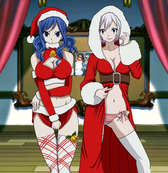 Anime picture 1917x1969 with fairy tail juvia lockser lisanna strauss x-ray99 long hair tall image highres short hair blue eyes light erotic smile multiple girls blue hair white hair fur trim coloring christmas merry christmas girl thighhighs