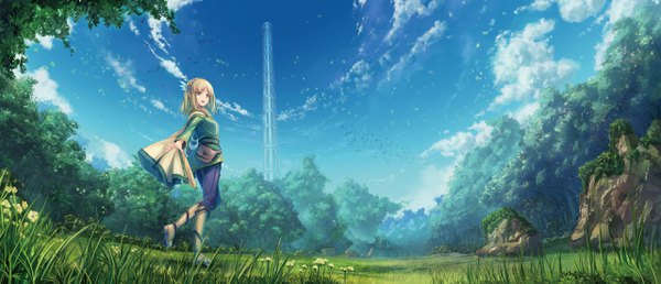 Anime picture 2560x1103 with leadale no daichi nite cayna  (leadale no daichi nite) tenmaso single looking at viewer fringe highres short hair open mouth blonde hair smile wide image standing sky outdoors long sleeves :d aqua eyes pointy ears official art