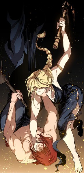 Anime picture 1202x2480 with elden ring queen marika the eternal radagon of the golden order timnehparrot long hair tall image fringe blonde hair holding yellow eyes red hair braid (braids) barefoot arm up hair over one eye single braid hair over eyes girl dress boy